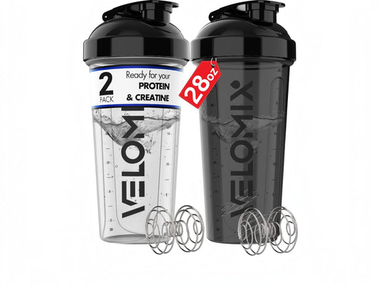NOVASsport 28oz leak-proof protein shaker bottles in black and clear with wire mixing balls for gym workouts.