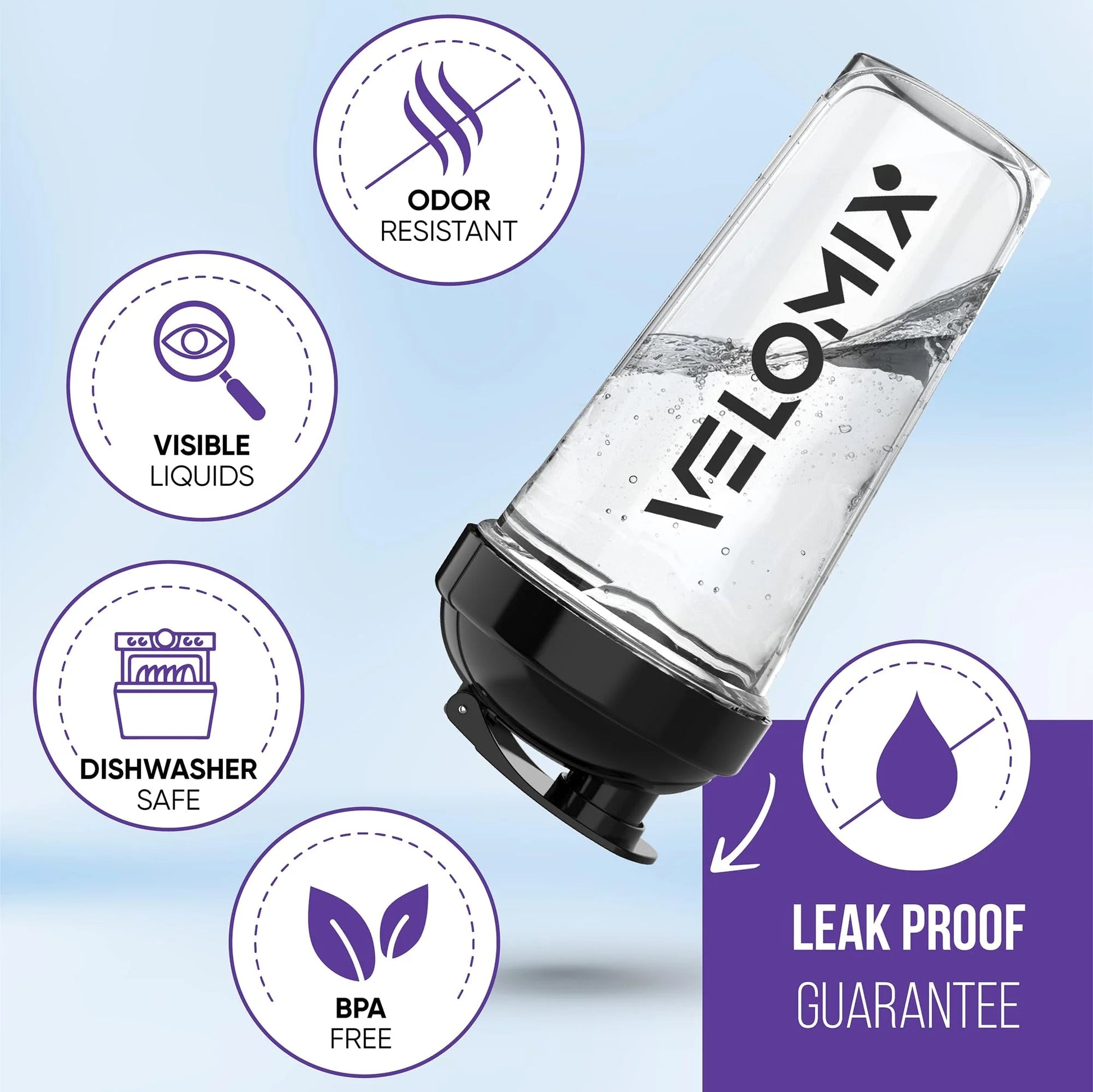 NOVASsport 28oz leak-proof protein shaker bottle with black lid, showing features like odor resistance and BPA-free