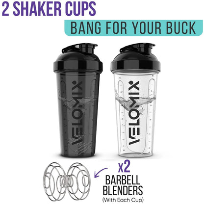 NOVASsport 2-pack 28oz leak-proof protein shaker bottles in black and clear with metal blender balls for gym workouts